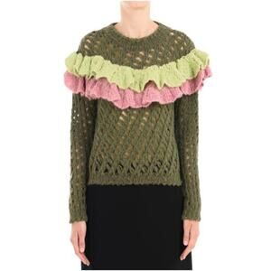 Boutique Moschino Military Green and Pink Ruffles Wool Blend Open Knit Sweater